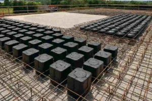 سقف یوبوت و کوبیاکس در حال اجرا روی دال بتنی با قالبهای مکعبی و گویهای پلاستیکی، همراه با شبکه آرماتوربندی در یک پروژه ساختمانی مدرن