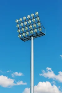 پایه چراغ استادیومی حرفه‌ای با نورپردازی قدرتمند در زیر آسمان آبی روشن با ابرهای پراکنده