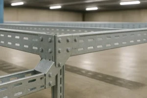 جوینت سینی کابل در یک محیط صنعتی با اتصال دقیق و پیچهای گالوانیزه، نمایشدهنده ساختار مقاوم و طراحی علمی برای مدیریت کابلهای برق در تأسیسات حرفهای.