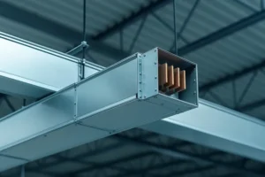 نمای نزدیک از سیستم باس داکت صنعتی (Busduct) مسی که در سقف یک کارخانه یا انبار صنعتی آویزان شده است؛ طراحی ماژولار و هادیهای مسی در معرض دید.