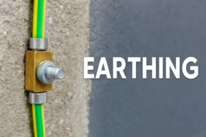 سیم آرتینگ با کابل سبز-زرد متصل به ترمینال برنجی روی دیوار سیمانی، تصویر شماتیک اتصالات استاندارد زمین