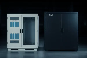 مقایسه تابلو برق سیواکن و ریتال در محیط صنعتی، نمایش تفاوتهای ظاهری و طراحی بین انکلوژرهای مدرن سیواکن (با درب شیشهای و تهویه مشخص) و ریتال (با طراحی مشکی و مستحکم)، جهت انتخاب بهترین گزینه برای تجهیزات الکتریکی.