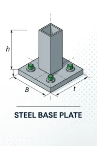 جدول اشتال بیس پلیت شامل تصویر فنی از اتصال ستون به پلیت فولادی با ابعاد، ضخامت، و پیچ‌های مهندسی برای طراحی سازه‌های فلزی